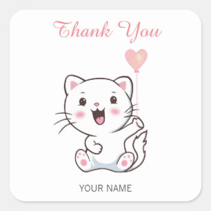 Schattige blije witte kat met hartballon bedankt vierkante sticker