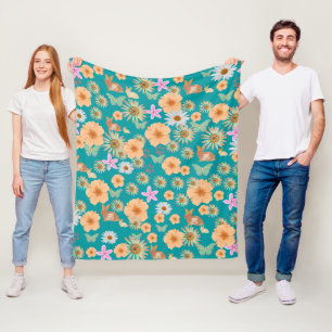 Schattige bloem en blauw konijnen fleece deken