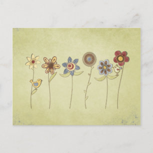 schattige bloem- en vogeltekeningen briefkaart