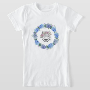 Schattige Bloemblauw Hydrangea Wolf T-shirt