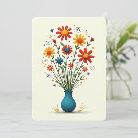 Schattige Bloemen Assortiment Boeket Vaas Feestdagenkaart (Staand voorkant)