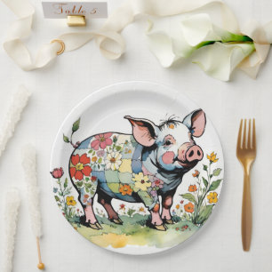Schattige Bloemen Patchwork Baby Boerderij Pig Papieren Bordje