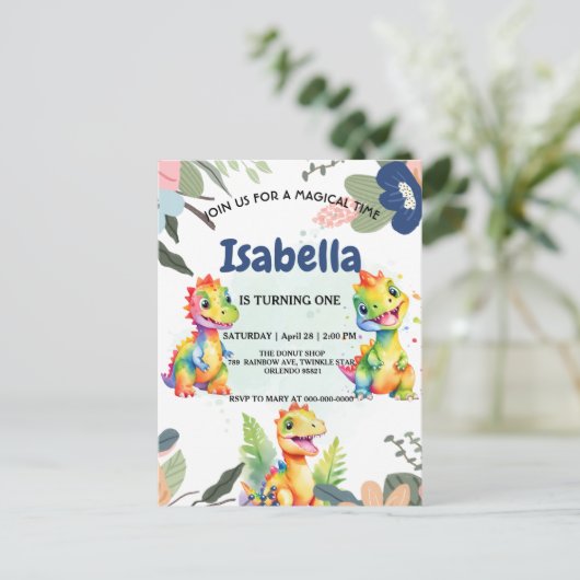 Schattige Bloemen Regenboog Dinosaur Happy Birthda Briefkaart (Staand voorkant)