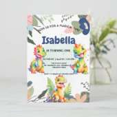 Schattige Bloemen Regenboog Dinosaur Happy Birthda Save The Date (Staand voorkant)