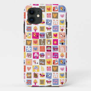 schattige bloemen, vogels, harten vierkanten patro iPhone 11 hoesje