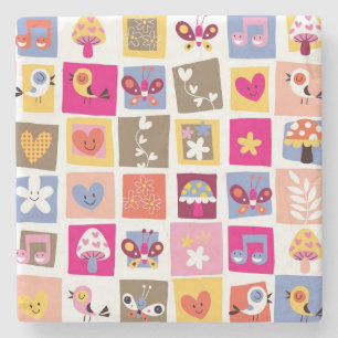 schattige bloemen, vogels, harten vierkanten patro stenen onderzetter