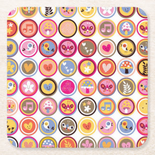 schattige bloemen, vogels, hartenpatroon vierkante kartonnen onderzetter