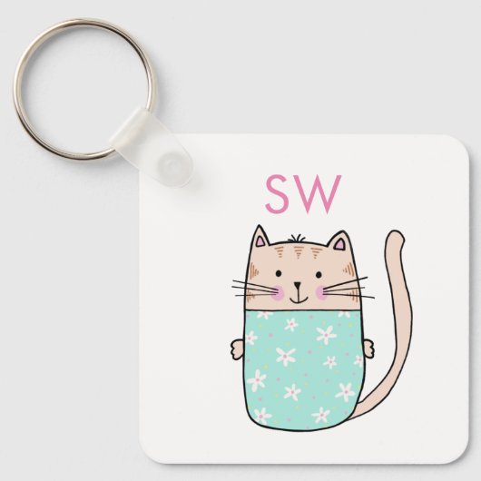 Schattige bloemkat initialen monogram sleutelhanger (Voorkant)