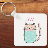 Schattige bloemkat initialen monogram sleutelhanger (Voorkant)
