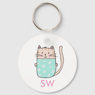 Schattige bloemkat initialen monogram sleutelhanger