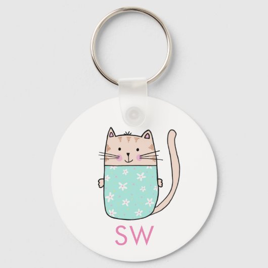 Schattige bloemkat initialen monogram sleutelhanger (Voorkant)