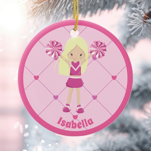 Schattige blond cheerleader roze aangepaste kerst keramisch ornament
