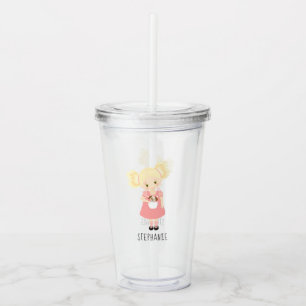 Schattige Blond Verjaardagsmeisje en Puppy Acryl Drinkbeker