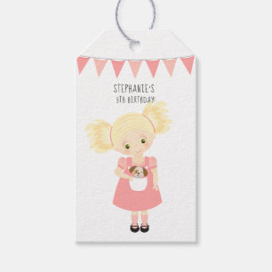 Schattige Blond Verjaardagsmeisje en Puppy Cadeaulabel