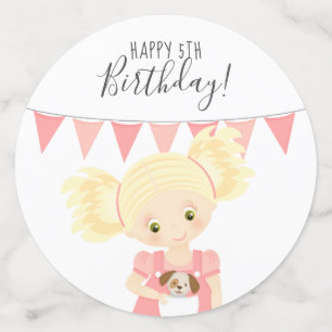 Schattige Blond Verjaardagsmeisje en Puppy Confetti