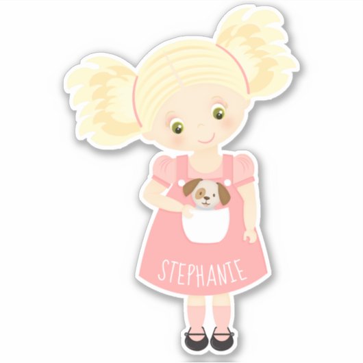 Schattige Blond Verjaardagsmeisje en Puppy Sticker (Voorkant)