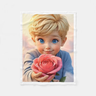 Schattige Blonde Jongen met Roze Roos Vloerendeken Fleece Deken