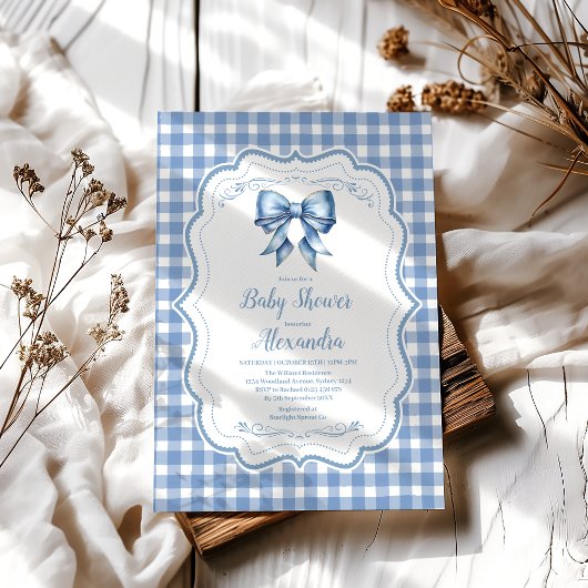 Schattige Blue Bow Ribbon Gingham Baby shower Kaart