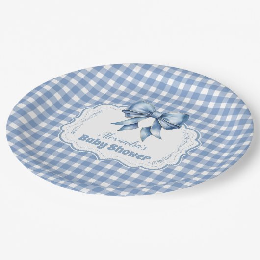 Schattige Blue Bow Ribbon Gingham Papieren Bordje (Gekanteld)