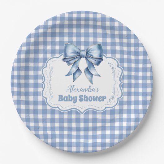 Schattige Blue Bow Ribbon Gingham Papieren Bordje (Voorkant)