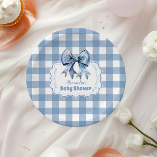 Schattige Blue Bow Ribbon Gingham Papieren Bordje