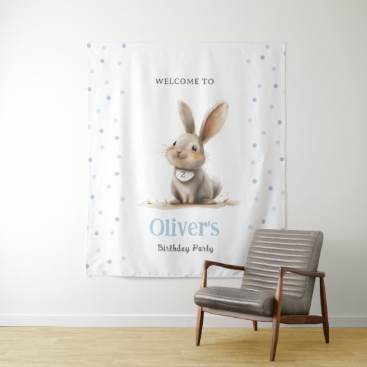 Schattige Blue Bunny Kind verjaardagsfeestje Wandkleed (In situ)