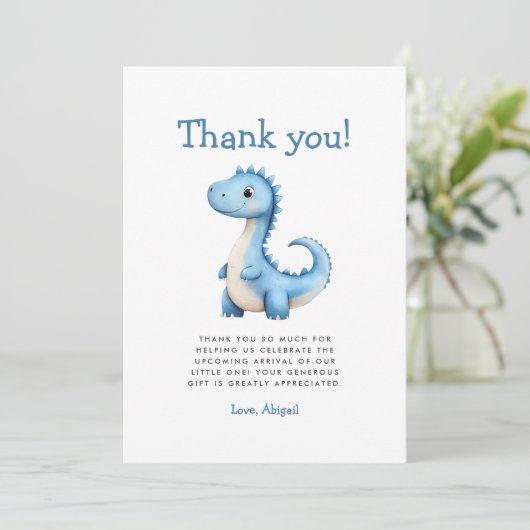 Schattige Blue Dinosaur Baby shower bedankkaart Kaart (Staand voorkant)