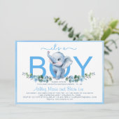 Schattige Blue Elephant Baby shower Uitnodiging – (Staand voorkant)