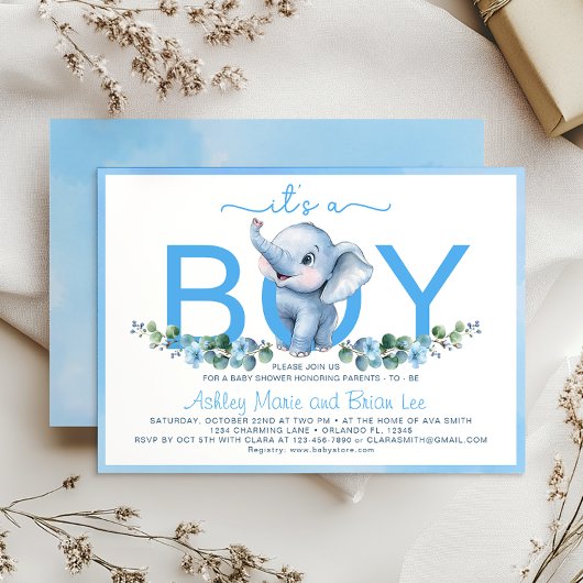 Schattige Blue Elephant Baby shower Uitnodiging –
