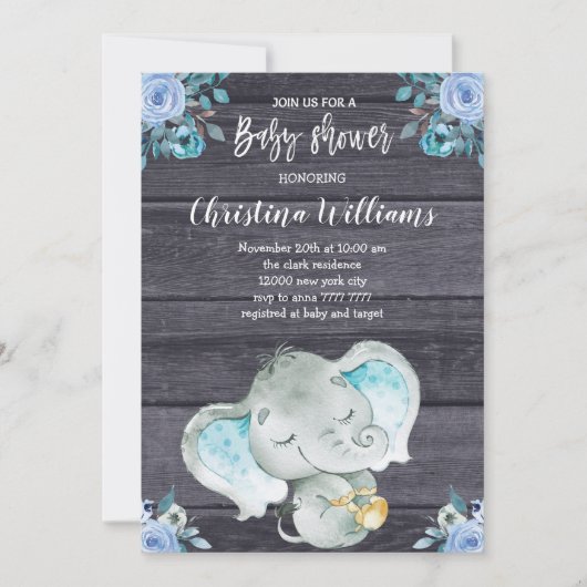 Schattige Blue Elephant Rustic Boy Baby shower Kaart (Voorkant)