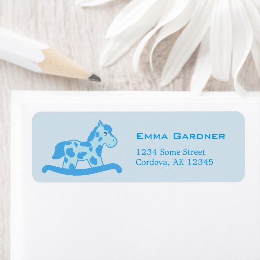 Schattige Blue Rocking Horse Retouradres Etiket (Insitu)