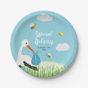Schattige Blue Stork Baby shower Papieren Bordje