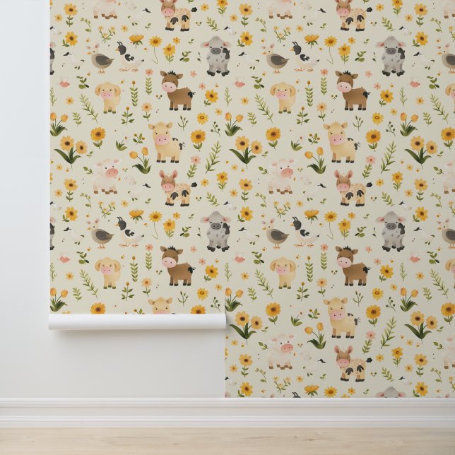 Schattige Boerderij Baby Dieren met Boho Florals # Behang (Applicatie)