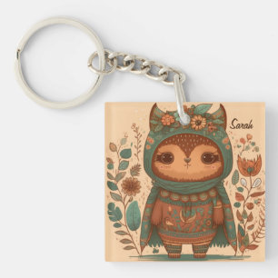 Schattige boho bloemige uil sleutelhanger