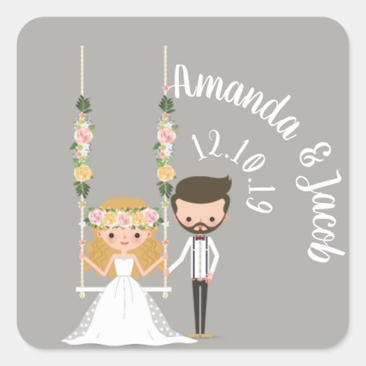 Schattige Boho Hipster Wedding Couple Vierkante Sticker (Voorkant)