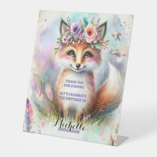 Schattige Boho Waterverf Woodland Fox Verjaardagsf Reclamebord Met Voetstuk