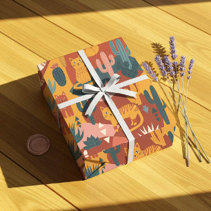 Schattige Boho Woestijnkatten Cactus Succulent Pat Cadeaupapier