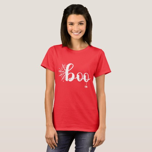 Schattige "Boo" Halloween-script met Spider en Web T-shirt (Voorkant volledig)