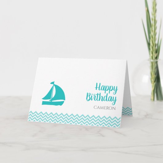 Schattige Boot op Ocean Waves Custom Verjaardag Kaart (Voorkant)