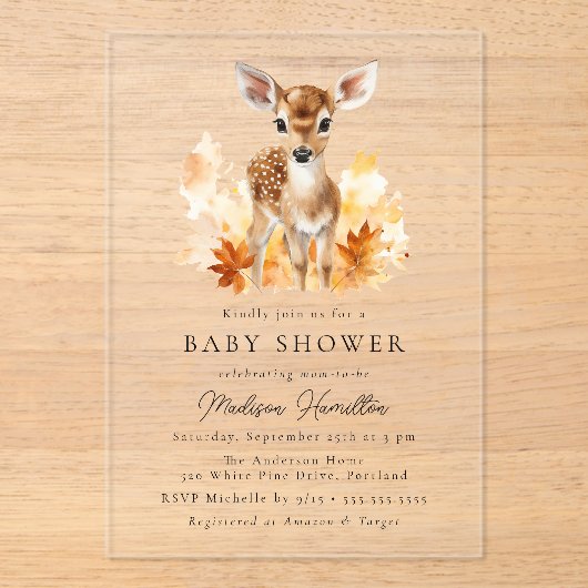 Schattige bosgebied herten Herfst Baby shower Acryl Uitnodigingen (Voorkant)