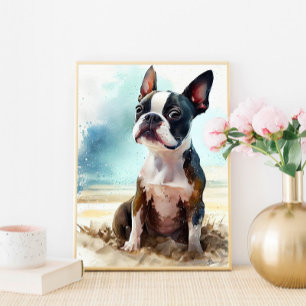 Schattige Boston Terrier Aan De Strand Muur Kunstp Poster