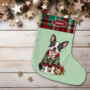 Schattige Boston Terrier Hond Geruite Rand Grote Kerstsok