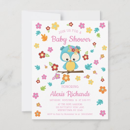 Schattige bosuil en bloemen baby girl baby shower kaart (Voorkant)