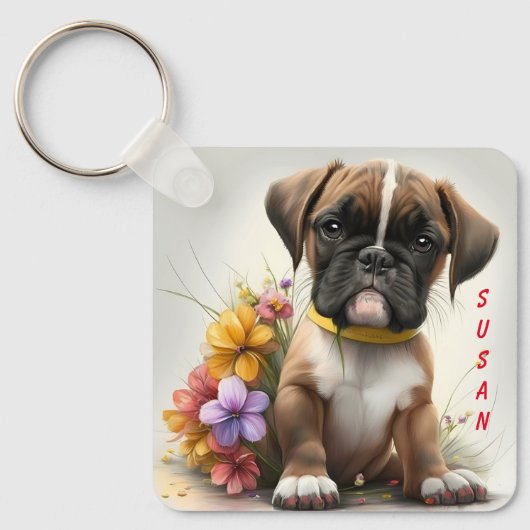 Schattige Boxer Puppy Dog Sleutelhanger (Voorkant)