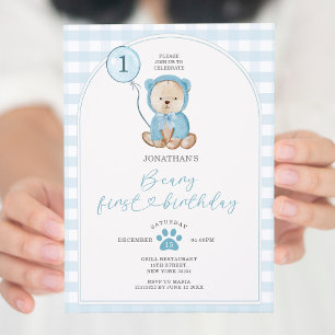 Schattige Boy Blue Gingham Balloon Beary Eerste Ve Kaart