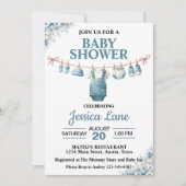 Schattige Boy Clothesline Baby shower Uitnodiging (Voorkant)