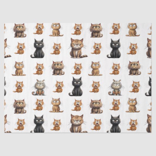 Schattige boze gekke zwarte kat, grijze kat en bru tissuepapier (Voorkant)