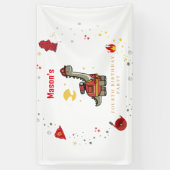 Schattige brandweerman Dino jarig Spandoek (Verticaal)