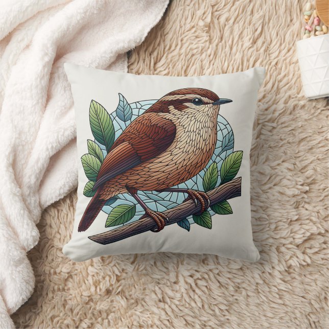 Schattige Brown Wren Glas in lood Look Kussen (Deken)