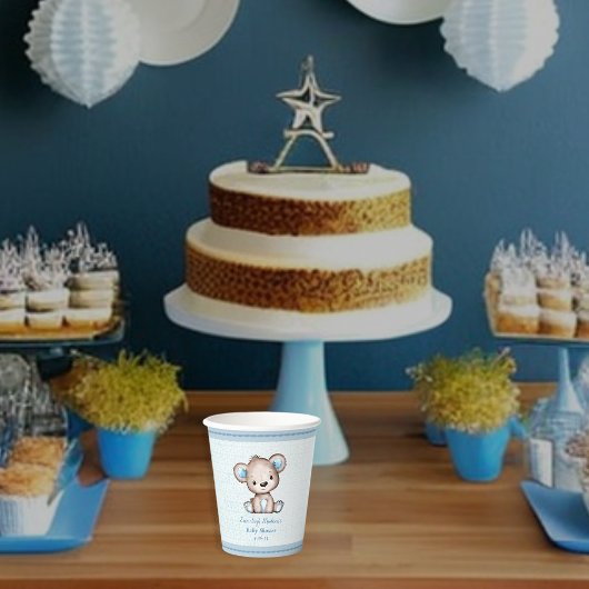 Schattige Bruin Beer Jongen Blauw Deken Papieren Bekers